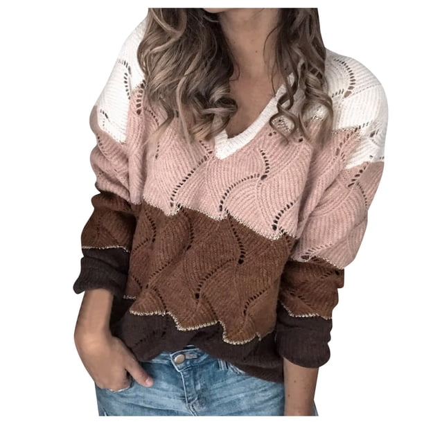 Gibobby Suéter cuello v, Suéter con cuello en V para mujer, estilo coreano, a rayas, de punto ajustado(Rosa,XG)