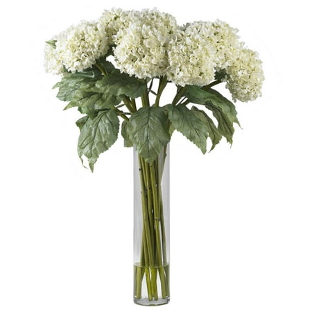 Nearly Natural Hydrangea Silk Flower Arrangement  White This Nearly Natural Hydrangea Silk Flower Arrangement makes a lovely statement in any space. It has a realistic look that adds a touch of elegance and beauty to your home or office. This bold hydrangea flower arrangement beckons the eye  while the lush leaves provide the right underlayment. Complete with an 18  vase  it is a nice focal point of any area it adorns. Pair it with a wide variety of different accessories. This white hydrangea arrangement makes a thoughtful gift idea for a birthday  holiday or any other occasion.