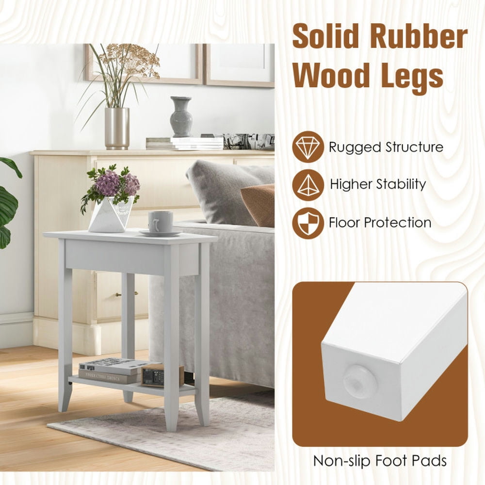 Finihen End Table, 2-Tier Wedge Narrow End Table with Storage Shelf and Solid Wood Legs, Sofa Side Table, Bed Side Table, for Living Room, Bedroom, White Finihen End Table, 2-Tier Wedge Narrow End Table with Storage Shelf and Solid Wood Legs, Sofa Side Table, Bed Side Table, for Living Room, Bedroom, White