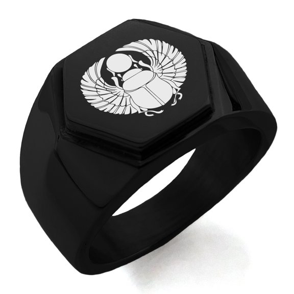 Stainless Steel Scarab Beetle Rising Sun Engraved Hexagon Crest Flat Top Biker Style Polished Ring