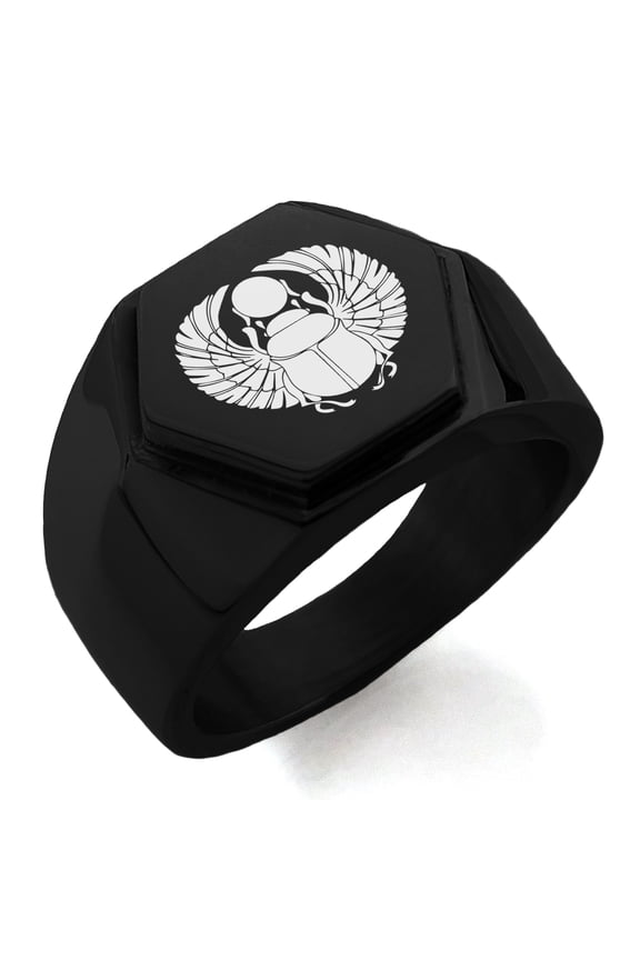 Stainless Steel Scarab Beetle Rising Sun Engraved Hexagon Crest Flat Top Biker Style Polished Ring