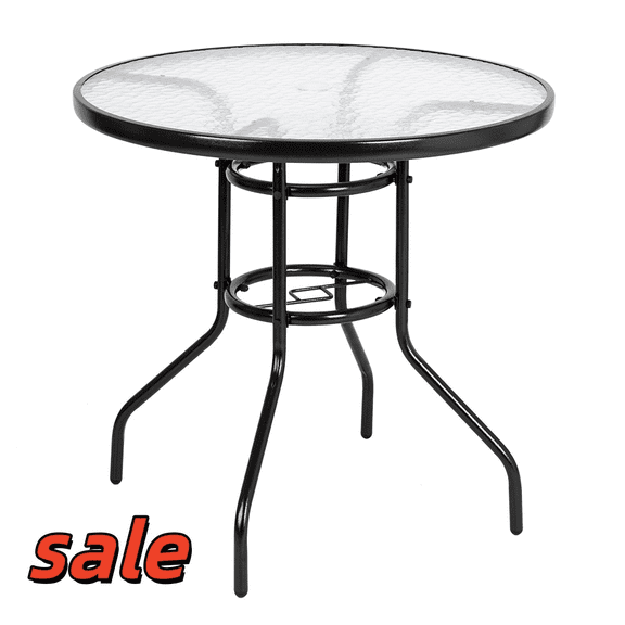 Hassch Outdoor Dining Table with 1.8" Hole, Round Tempered Glass Top Table with Steel Legs, 31.5"L x 27.56"H, Black