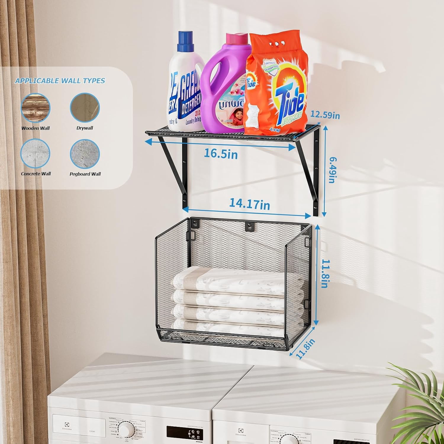2 Pack Laundry Room Shelves Organization and Storage,Wall Mounted Clothes Drying Rack with Wire Mesh Basket Over Washer and Dryer, (Black, 2 Pack)