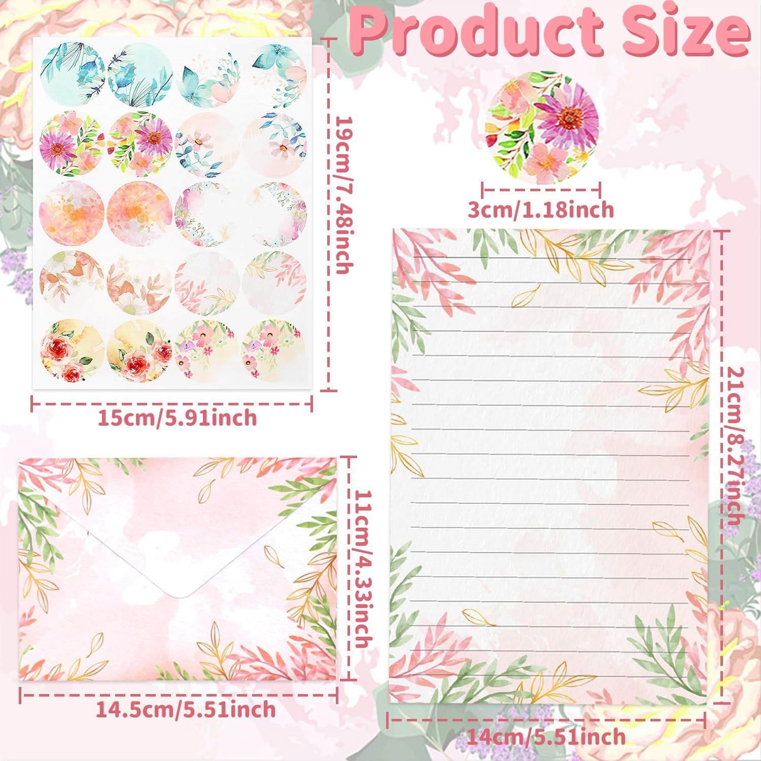160-sheet stationery set including 50 matching envelopes, 50 single-sided writing sheets, 60 polka dot stickers, suitable for school office supplies, 10 designs, size 5.5 x 8.25 inches (flower)
