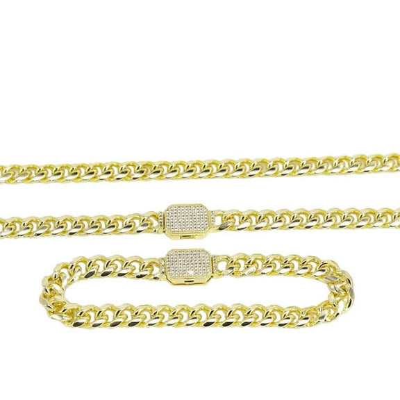 Men's 18k Layered Real Gold Plated Miami Cuban Set Box Lock Clasp Necklace & Bracelet Bundle 24"×8"