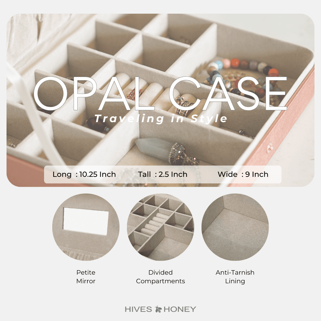 Hives and Honey Opal Large Women Jewelry Organizer Travel Case with Mirror in Metallic Coral