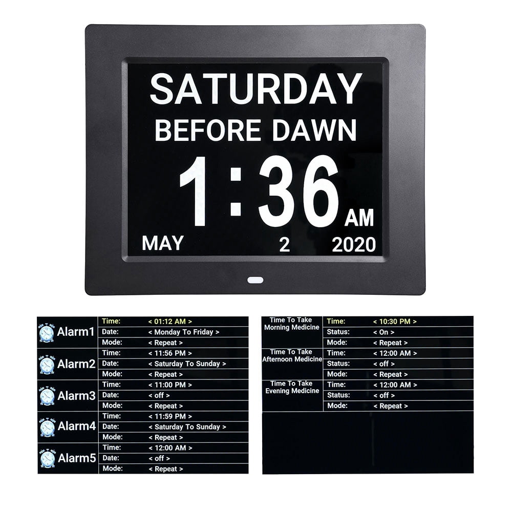 Yescom 8inch Large Digital LCD Day Clock 8 Alarm Dimmable Calendar for Elderly Dementia Wall Black