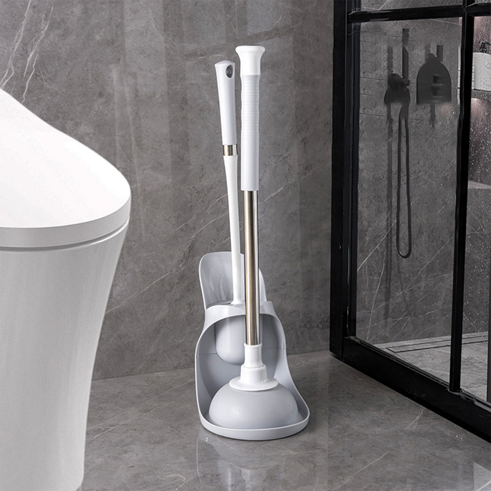 Nkmbld Deluxe Toilet Brush with Toilet Plunger Modern Compact Toilet Cleaning Brush Long Flexible Bristles Strong Cleaning Power Suitable for Bathroom Cleaning, White