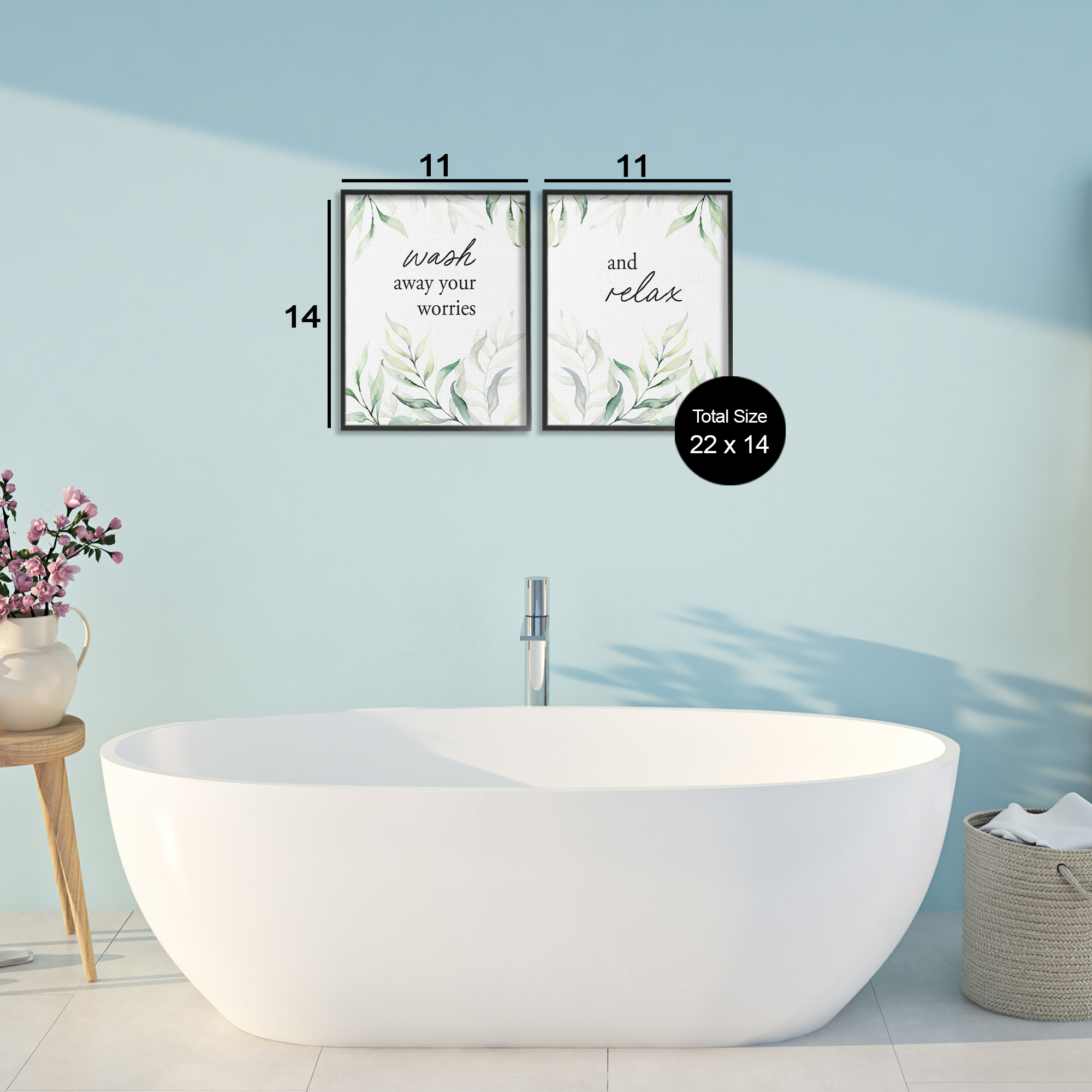 Soothing Bathroom Greenery Words 2 Piece Black Framed Giclee Art Set, design by Lettered and Lined