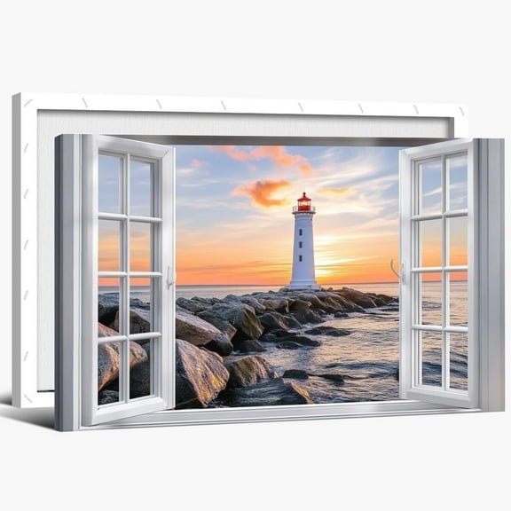 Picturesque Coastal Scene Open Window View White Lighthouse Sunset Ocean Waves Orange Pink Sky White Frame Wall Art for Living Room Decor Universal decoration black framed
