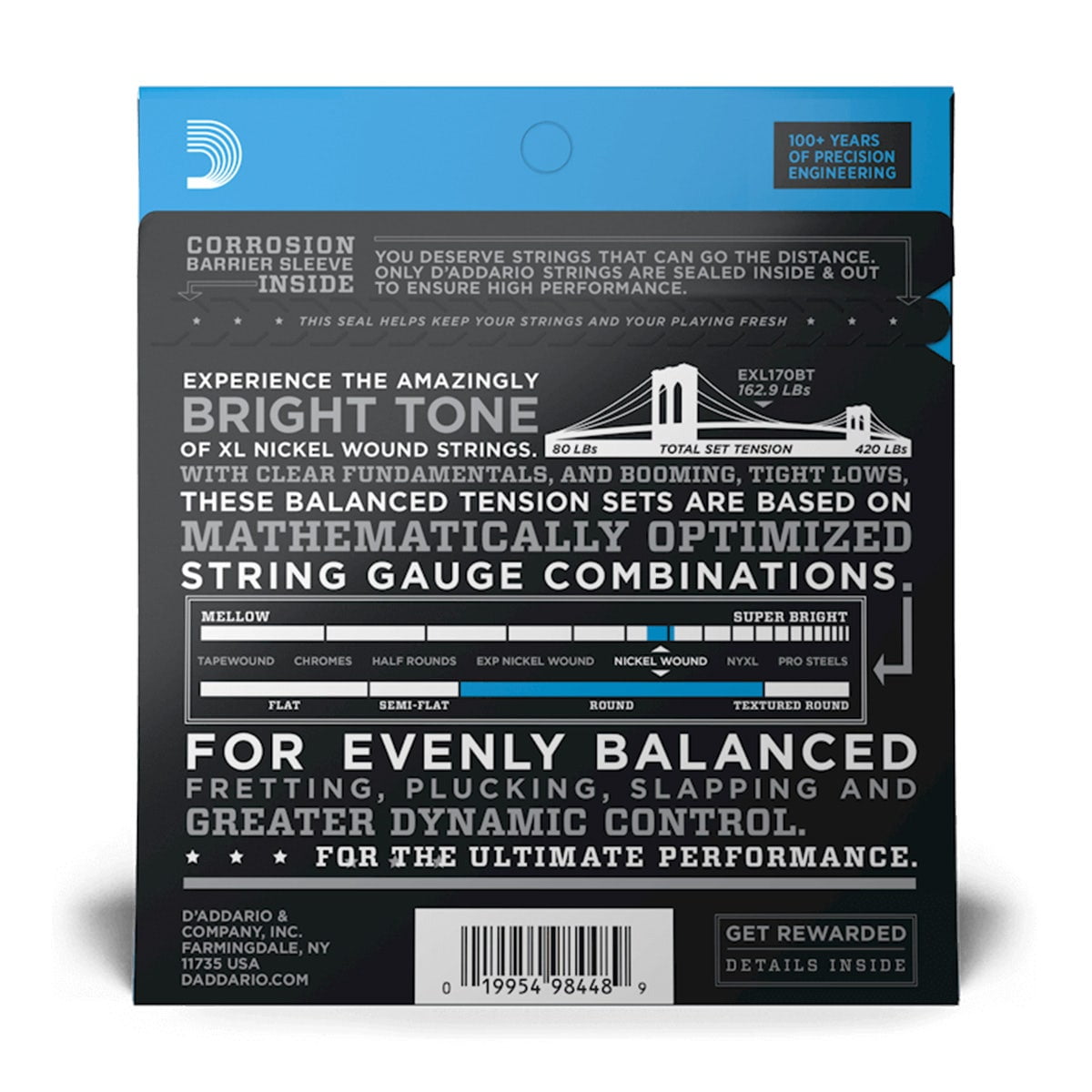 D'Addario EXL170BT Nickel Wound Bass Guitar Strings, Balanced Tension Regular Light, 45-107, Long Scale