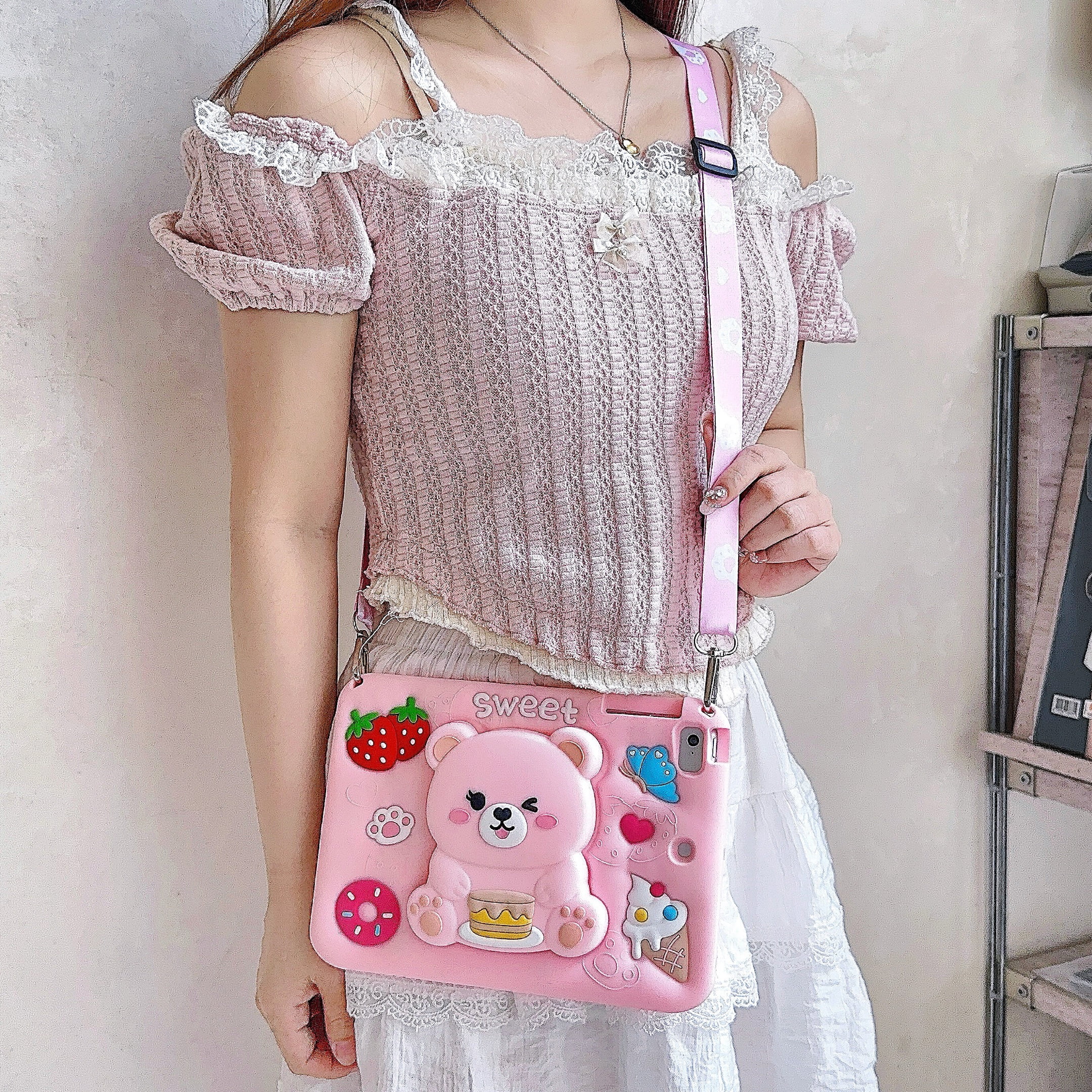 Dteck for iPad mini 5/4/3 Generation 7.9" Case with Pencil Holder, Soft Silicone Cute Cartoon for 7.9 Inch iPad mini with Shoulder Strap Foldable Stand for Kids Boys Girls,Pink Bear