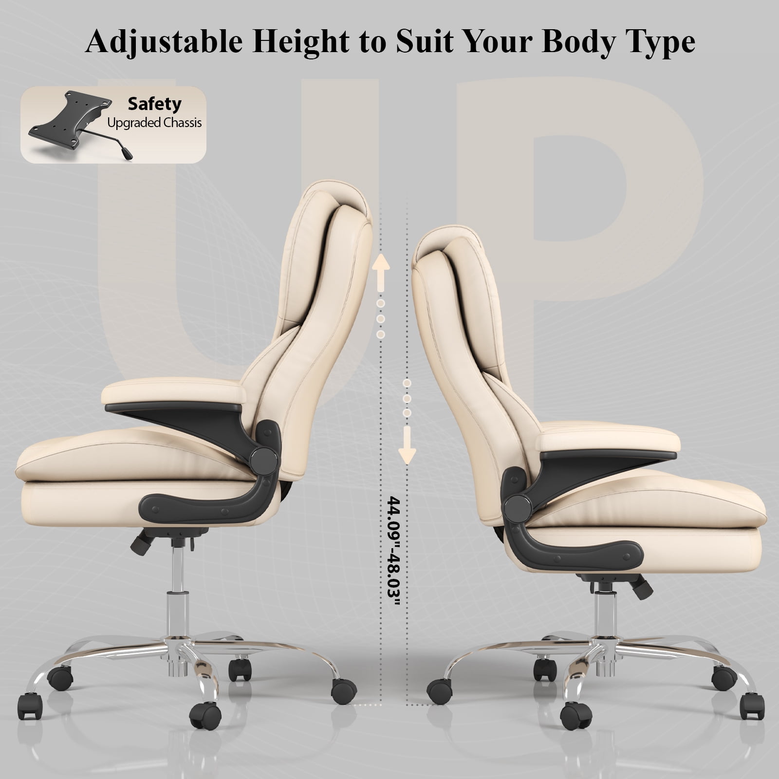 E-motie Home Office Chair with Flip-up Arms, Adjustable High Back Chair, Quiet Nylon Wheels, Beige