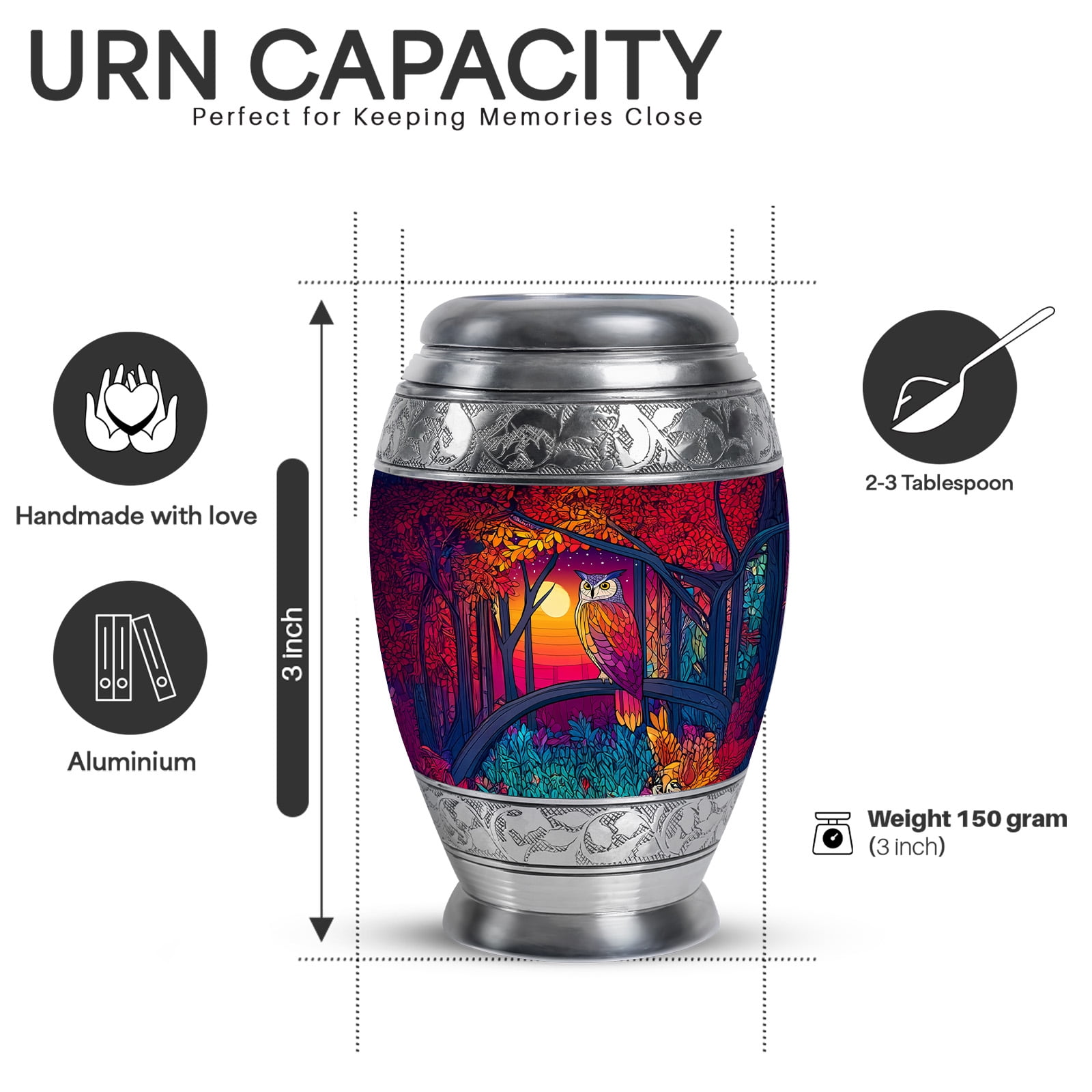 Yatskia Colorful Owl Mini Cremation Urns for Ashes Adult Mother and Father, Large Memorial Urn for Human Ashes Adult, (Monar 10 Inch and 3 Inch)