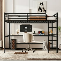 Queen Size Loft Bed with Power Outlet and LED Lighted, Heavy-Duty Metal Bed Frame,Space-Saving, Noise Reduced, Black