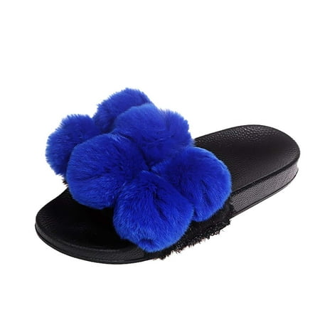 

VerPetridure White Sandals Women Color Hair Ball Plush Slippers Female New Large Size Plush Cotton Slippers