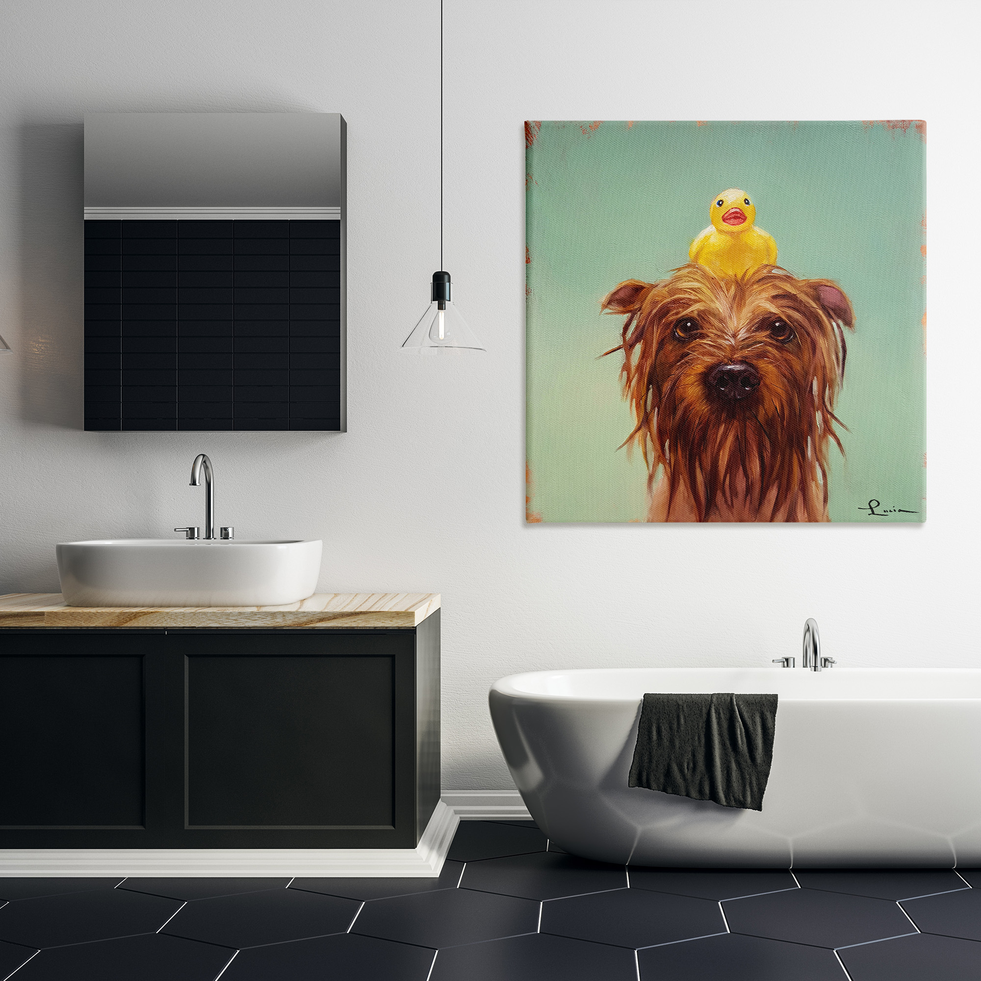 Stupell Industries Wet Dog with a Rubber Ducky Animals & Insects Painting Gallery Wrapped Canvas Art Print Wall Art, 36 x 36