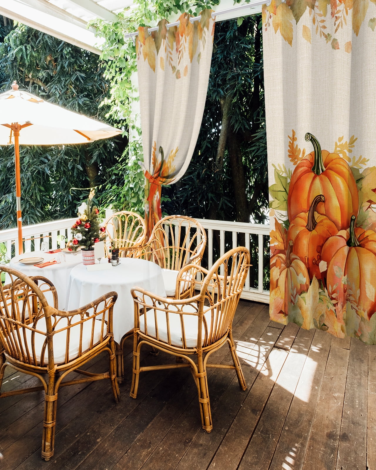 Outdoor Curtains for Patio, Fall Thanksgiving Waterproof Blackout Outside Curtain for Porch/Pergola/Gazebo, Rustic Orange Pumpkin Harvest Maple Leaf Thermal Insulated Drapes, 2 Panels, 54 x 84 Inch