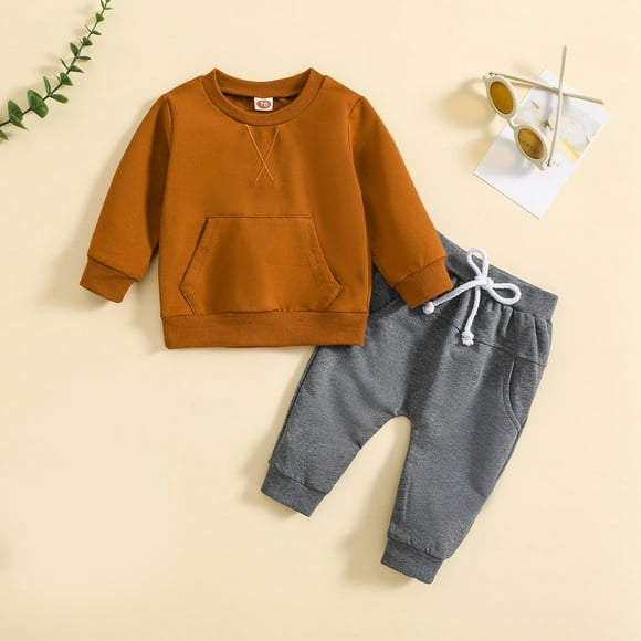 LSLJS Toddler Baby Boys Girls 2PCS Pullover & Jogger Set Solid Color Long Sleeve Top Trousers Suit Casual Sweatsuits Outfits, Baby Girls' Pant Sets on Clearance( Brown, 0-6 Months )