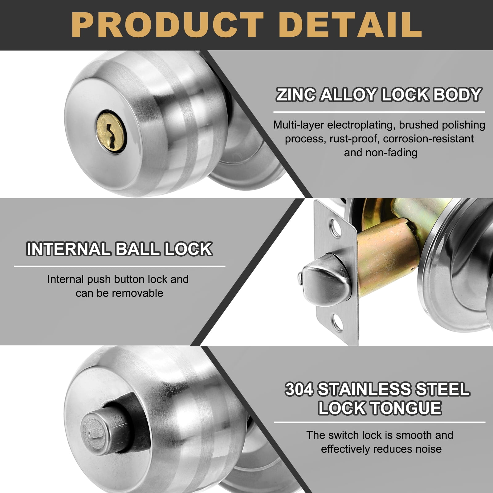 Keyed Entry Door Knobs, 50mm (1-31/32") Backset Stainless Steel Round Lock for Bedroom Bathroom
