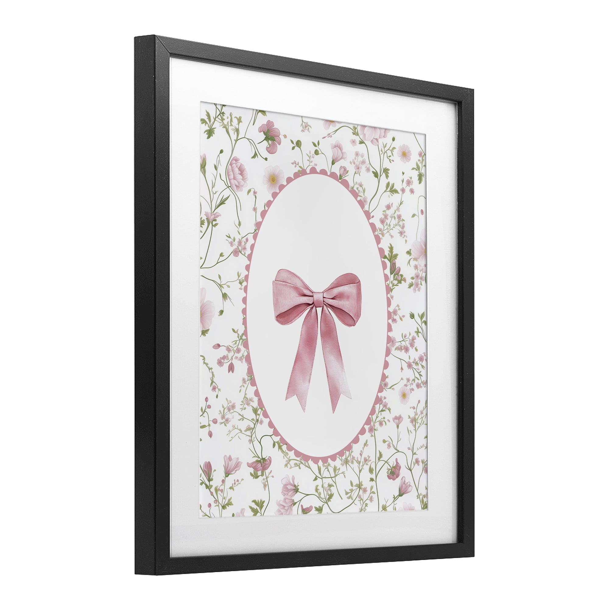 Delicate Florals & Bow Black Framed Print Under Glass, design by Christine Simpson Art