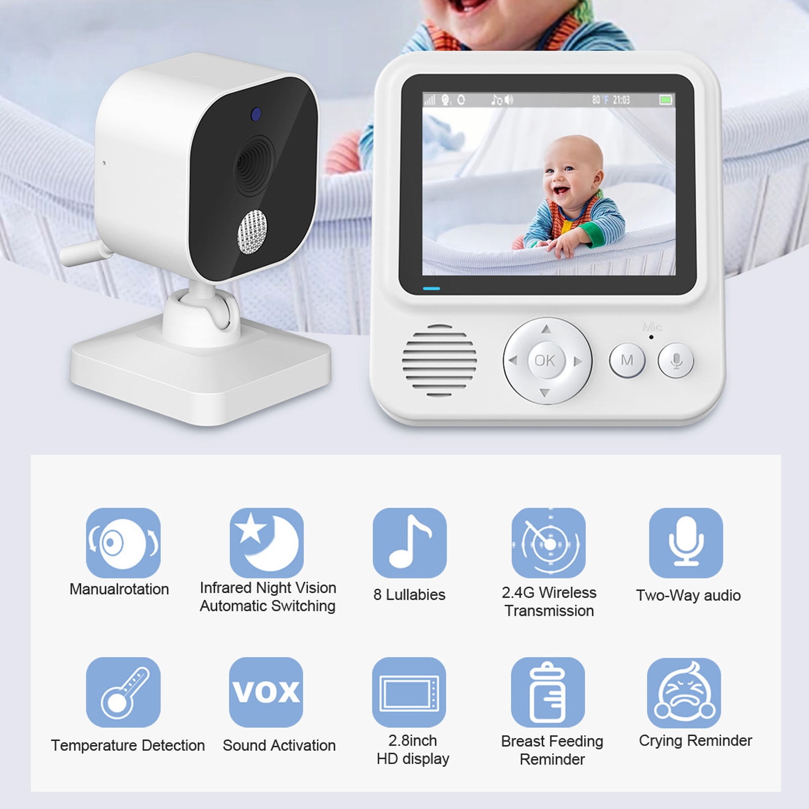 Suodoka 2.8 Inch / 7.1 cm Wireless Video Baby Monitor with Camera and Audio, 2-Way Talk, Night Vision, Temperature Sensor, Crying Detection, Built-in Battery, Lullabies - EU Plug