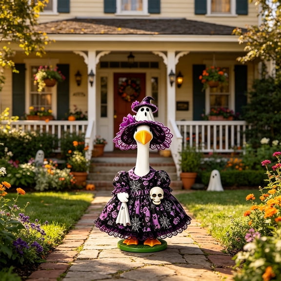 PiGOGI Halloween Witch Goose Outfit for 23 Inch Statue Skirt with Spooky Witch Hat Set Outdoor Porch Lawn Yard Patio Garden Party Decor