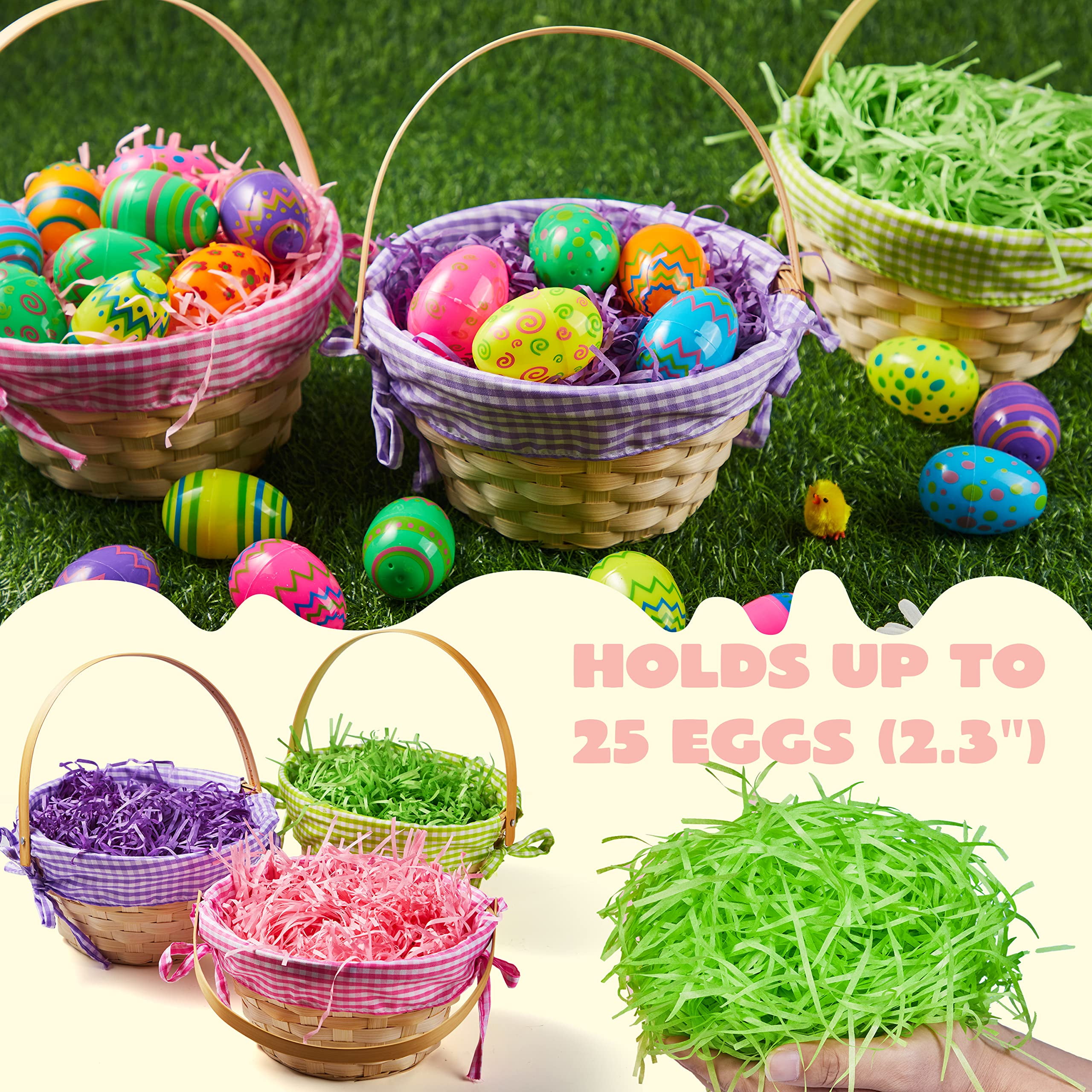 Joyfy 4 Pcs Easter Baskets with 4 Colors Grass Paper Shreds, Easter Woven Basket with Handles for Kids, (9" X 8") Easter Baskets for Easter Egg Hunt, Filling with Party Favors