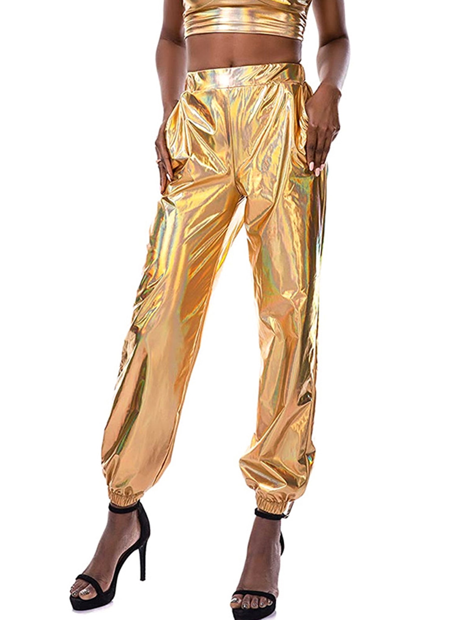 Womens Metallic Shiny Pants High Waist Stretchy Jogger Harem Pants Holographic Sweatpants ...