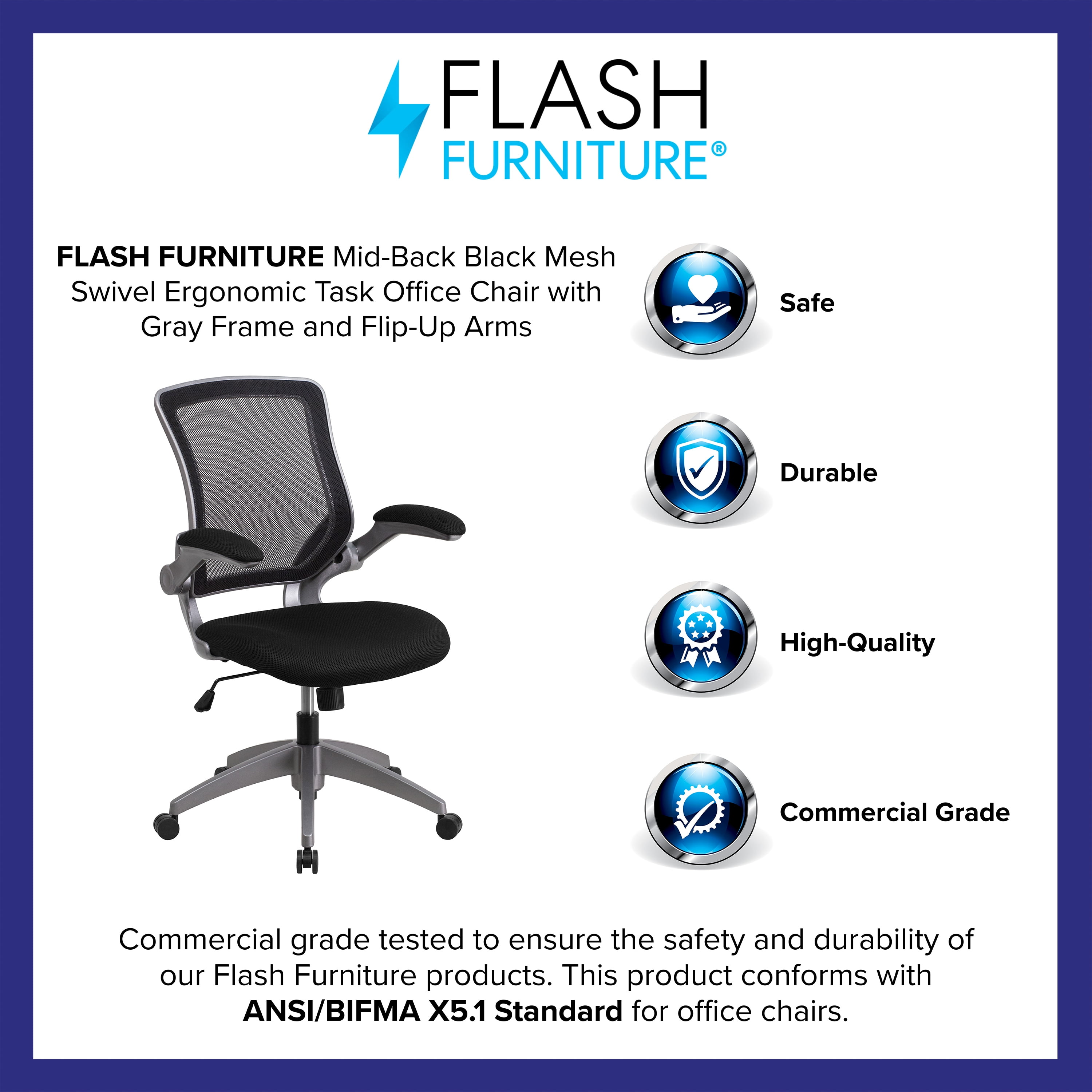 Flash Furniture Mid-Back Black Mesh Swivel Ergonomic Task Office Chair with Gray Frame and Flip-Up Arms
