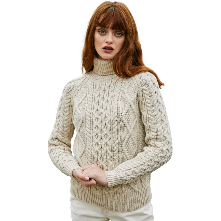 SAOL Aran Women's Irish Sweater 100% Merino Wool Fisherman Cable Knit  Turtleneck Pullover Made in Ireland