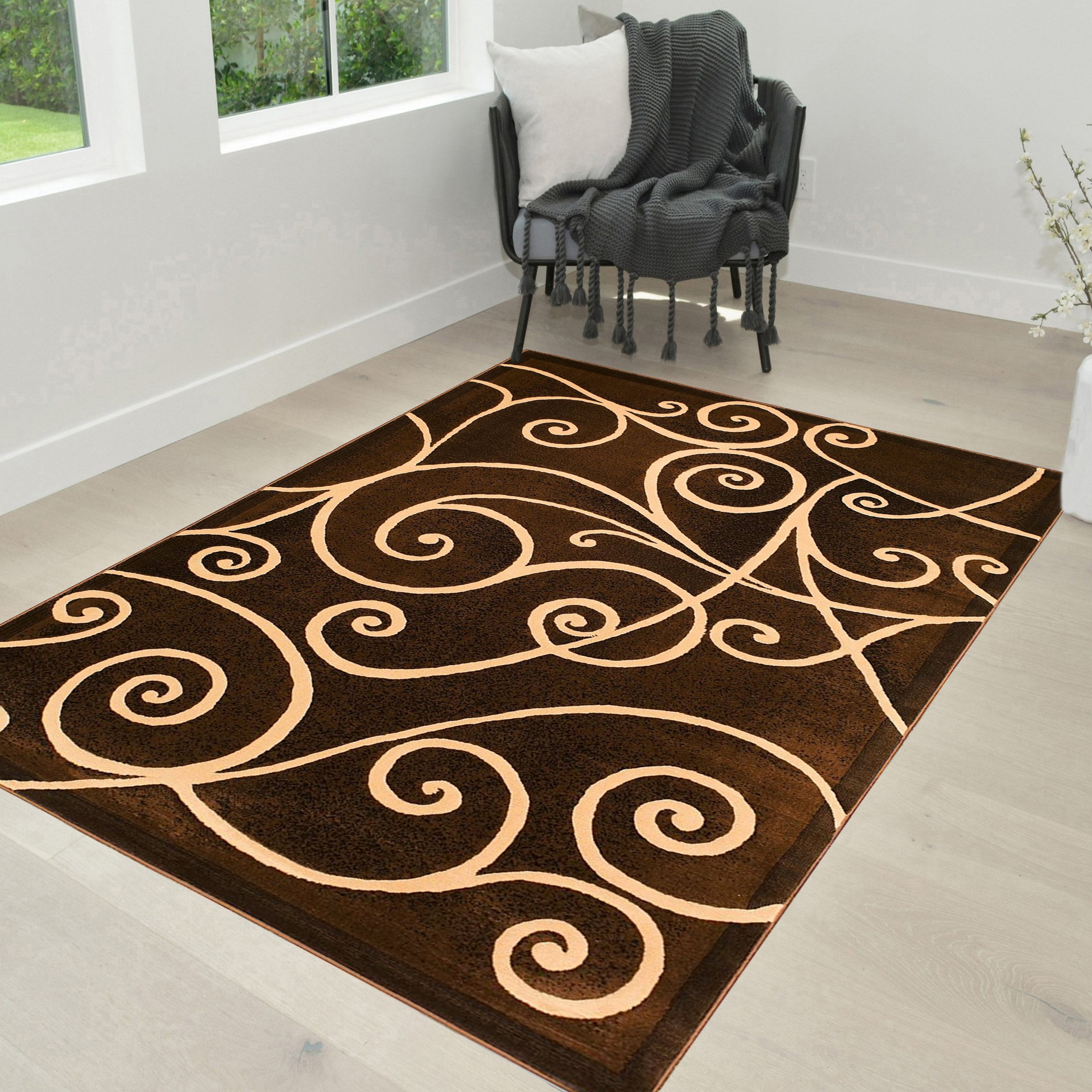 Swirls 3D Carved Modern Luxury Thick Silky Soft Pile Floor Room Rug Beige Brown 