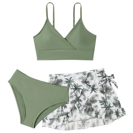 Youmylove Girls 3 Piece Swimsuit Bathing Suit Cute Floral Print Bikini Set With Cover Up Skirt Beach Swimwear Holiday Beach Bathing Suit For 13-14 Years