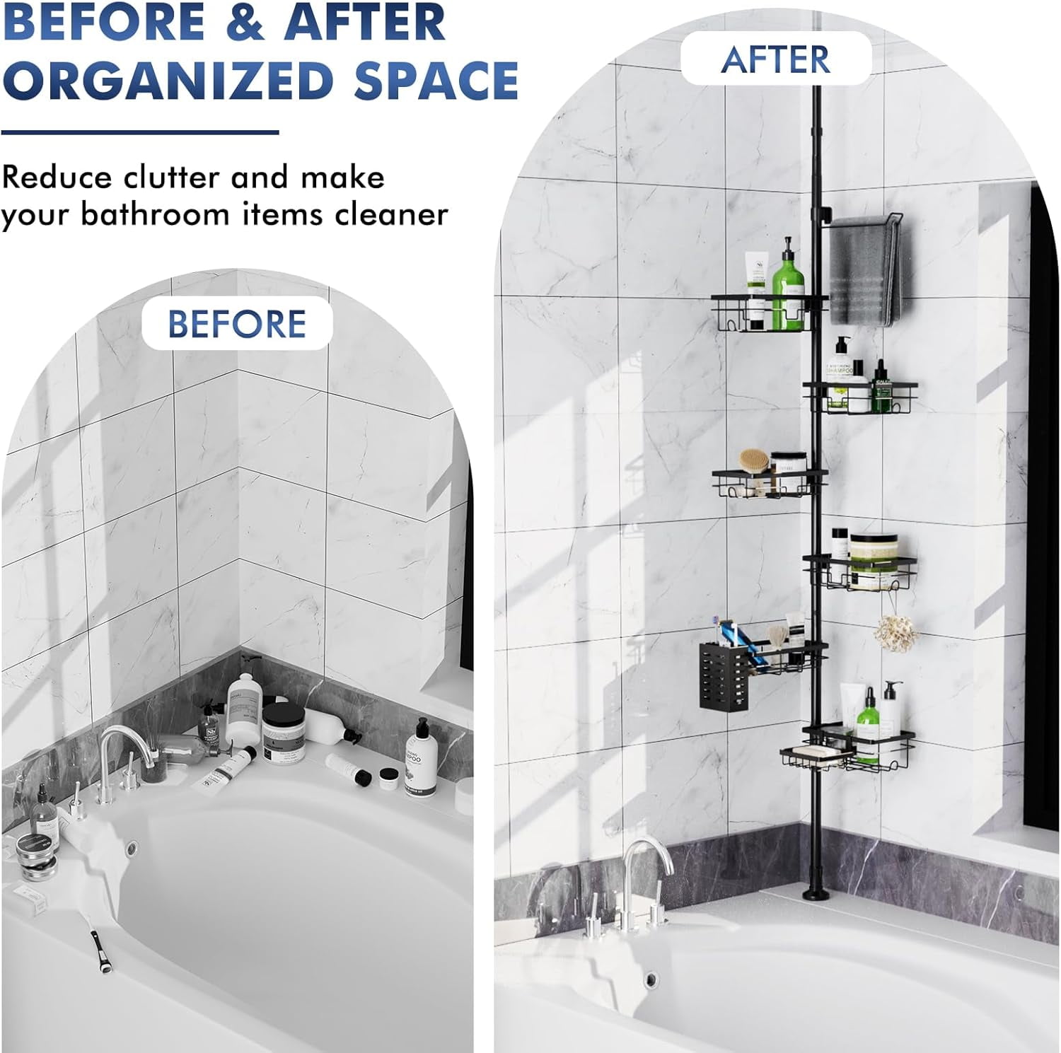Shower Caddy Organizer Tension Pole, Rustproof 6-Pack Corner Shelf with 30-120 Inch Adjustable Shower Rack for Inside Shower, Extra Towel Bar & Soap Dish for Bathroom Organizers and Storage, Black