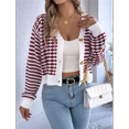 thumbnail image 4 of Womens Long Sleeve Striped Cardigan Sweaters Striped Cropped Button Fall Trendy Open Front Knit Sweater Coats Wine Red L, 4 of 6