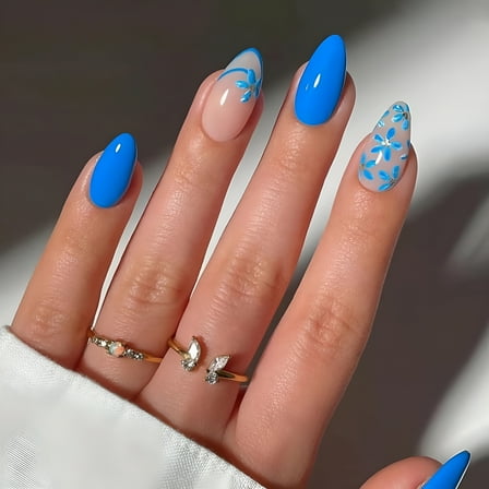 RAGUPEL Press on Nails Short Almond Fake Nails Glossy Glue on Nails Summer Blue Acrylic Nails Stiletto Artificial Nails Cute Flower Stick on False Nails with Design 24pcs