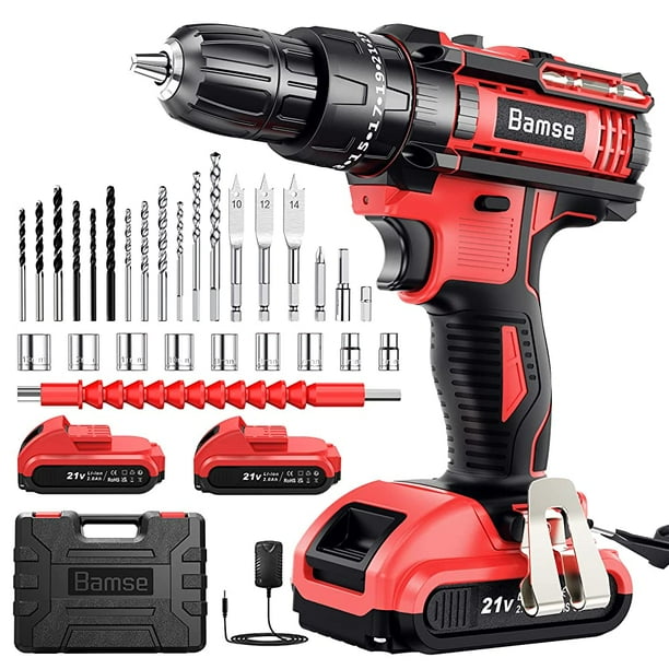 Bamse Powerful Cordless Drill 21V, Versatile Impact Drill Driver Kit Set (2 Lithium Battery and