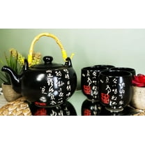 Chinese Calligraphy Black Glazed Porcelain 27oz Tea Pot With 4 Cups Set Teapot