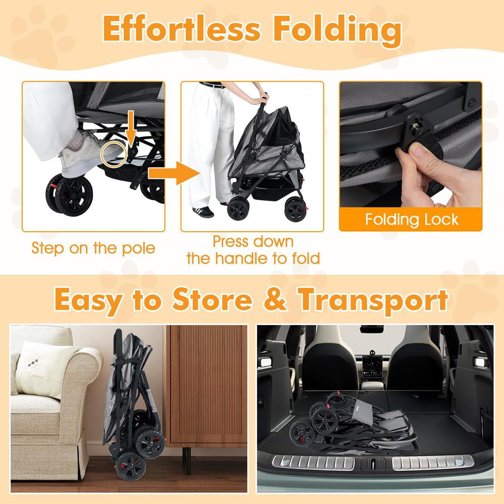 Yardi Yarda Foldable Double Pet Stroller with Adjustable Sunshade and Storage Basket, Dog Strollers, Pet Gear Stroller-Gray