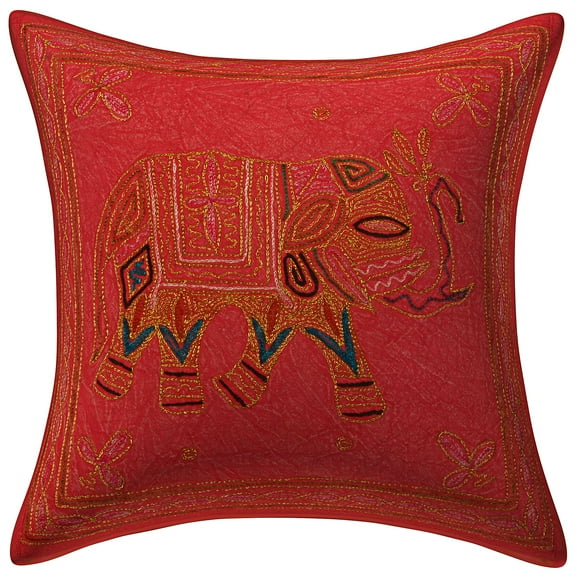 Stylo Culture Ethnic Couch Throw Pillow Cover 16x16 Gold Thread Embroidered Peach Indian 40 x 40 cm Home Decor Cotton Elephant Square Cushion Cover | 1 Pc