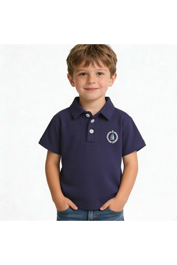 T-Shirts for Boys, Short Sleeve Breathable Cotton Turndown Collar Summer Fashion Casual Button Down Tees Navy 2-3T