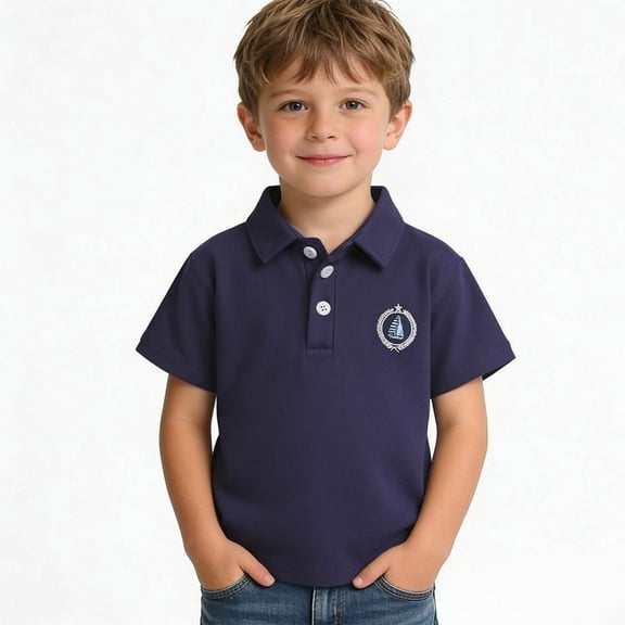 DAETIROS Boys Short Sleeve Navy Cotton Polo Shirt with Sailboat Embroidery Casual School Uniform TopSize 2-3 T