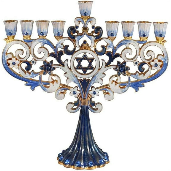 Zion Judaica Artistic Chanukah Candle Menorah Elegantly Jeweled and Gold Plated Tree Fleur De Lis Menora for Hanukkah Fits Standard Chanukkah Candles (Classic Blue) in Elegant Gift Box