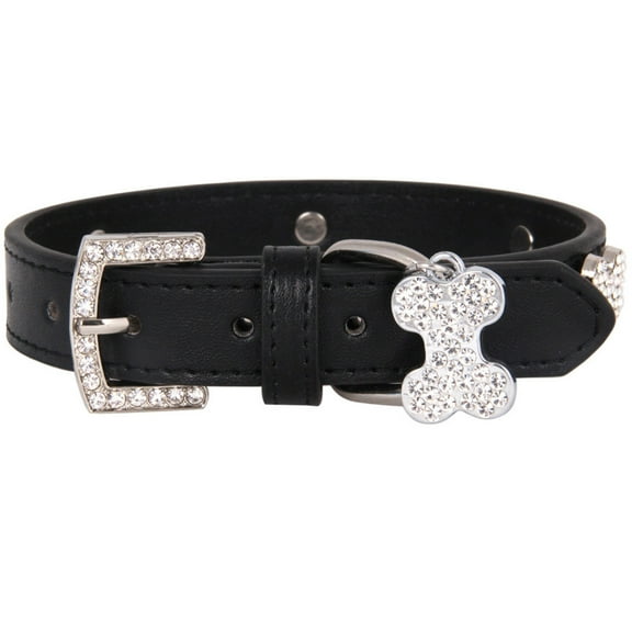 Pet Bone Rhinestone Collar - Adjustable 20-28cm, PU Material, Bell, for Dog/Cat, Gift