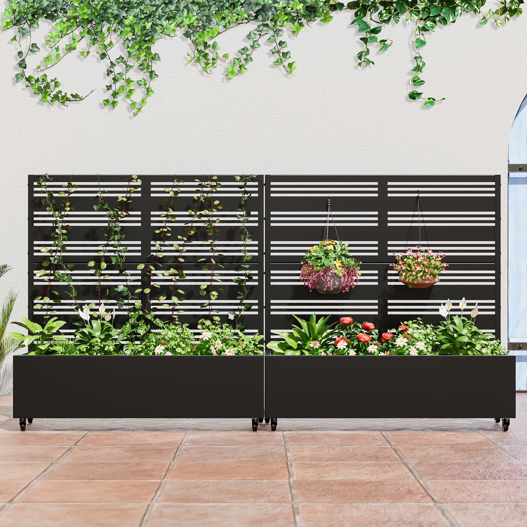 MAYEERTY 47 x 16in Black Iron Raised Garden Bed with Wide-Narrow Louvered Trellis, 3-Pnl, for Outdoor Patio