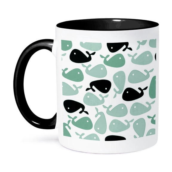 3dRose, Cute Little Baby Whales In Aqua n Green, 11oz Two-Tone Black Mug