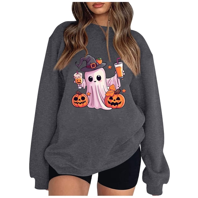 Pisexur Chandail d'Halloween pour Femmes en Molleton Chandail Orange à Manches Longues Col Rond Chandails Mode à Motif de Citrouille Chandails à Capuche d'Halloween Chandails à Enfiler