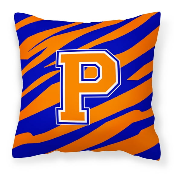 Carolines Treasures CJ1023-PPW1414 Letter P Initial Tiger Stripe - Blue Orange Fabric Decorative Pillow, 14Hx14W,