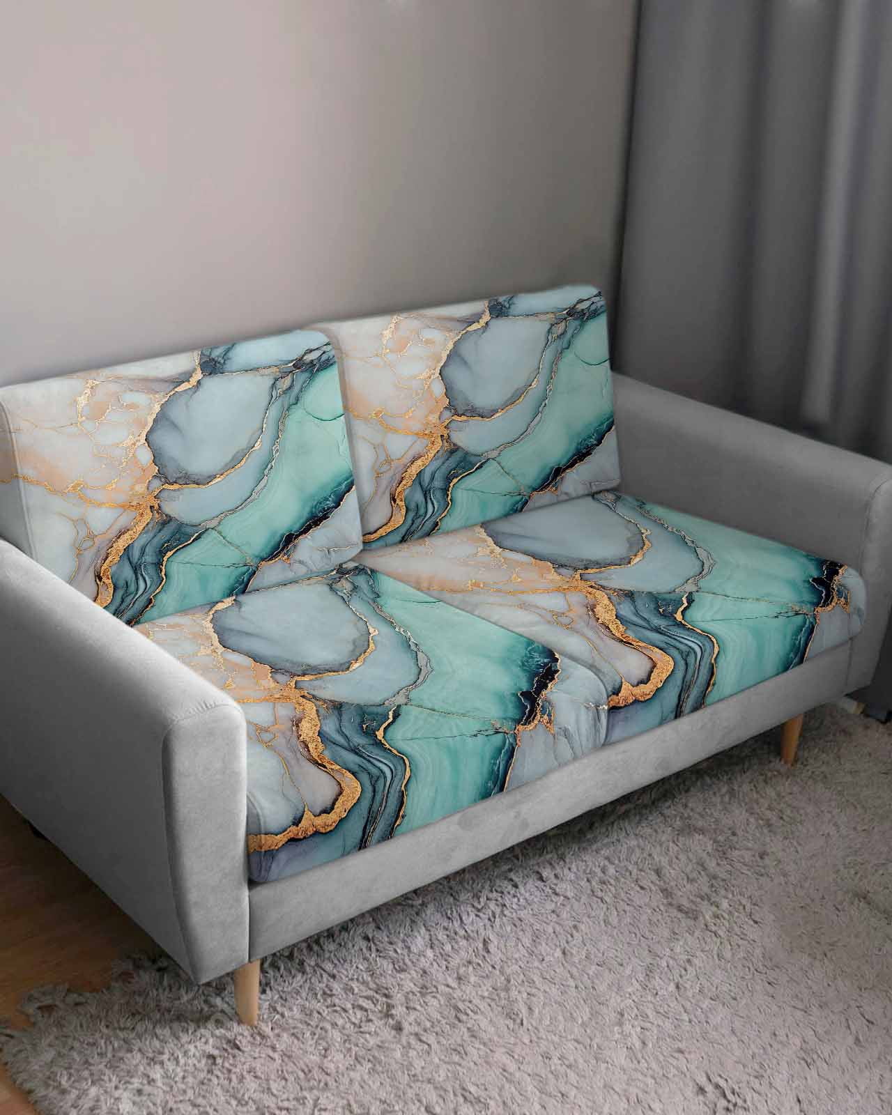 Blue Teal Marble Couch Cushion Covers, Stretch Seat Cushion Covers for Sectional Sofa, Modern Ink Painting Abstract Individual Sofa&nbsp;Slipcovers Furniture Protector with Elastic&Straps Small 1Pcs