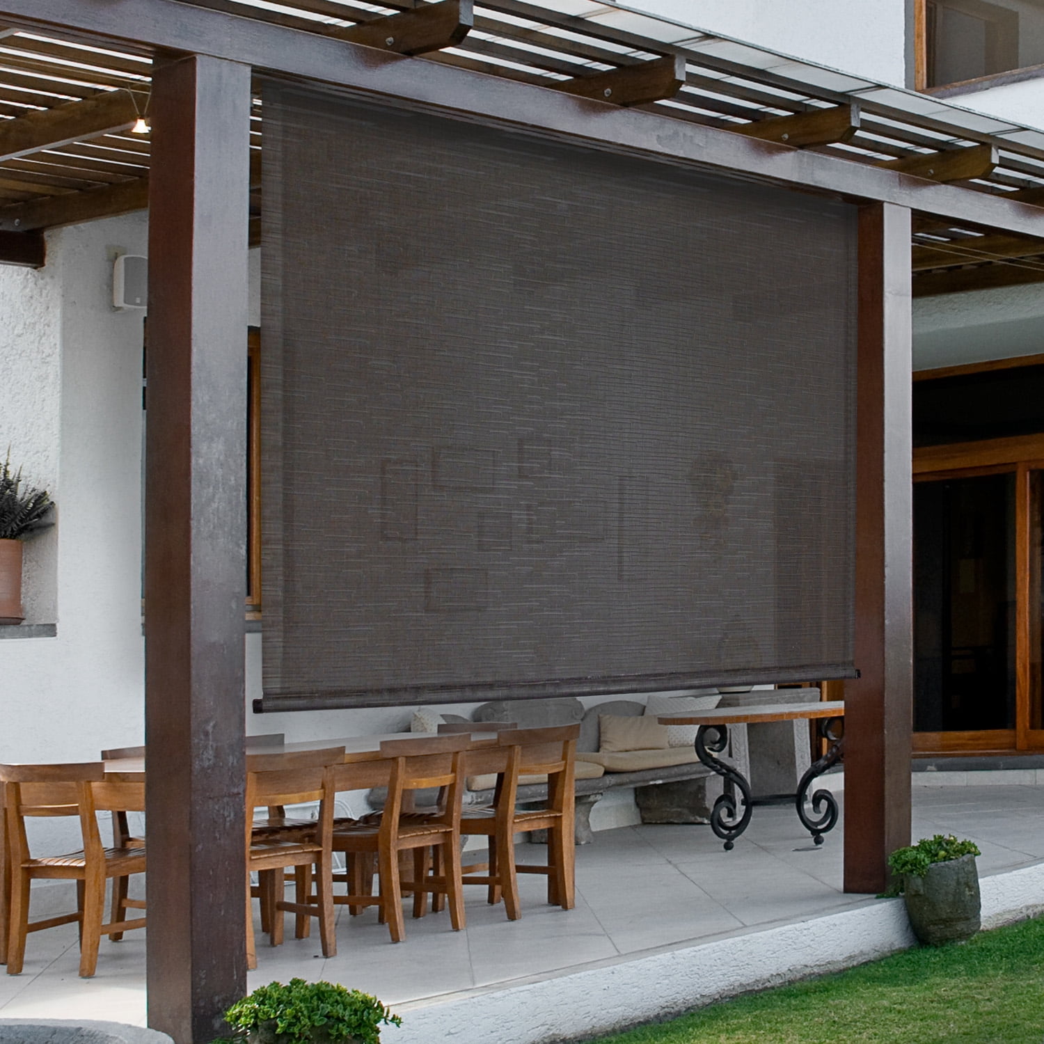 Keystone Fabrics PVC Outdoor Patio Sun Shade with Valance 10ft Wide (Gray/Beige)